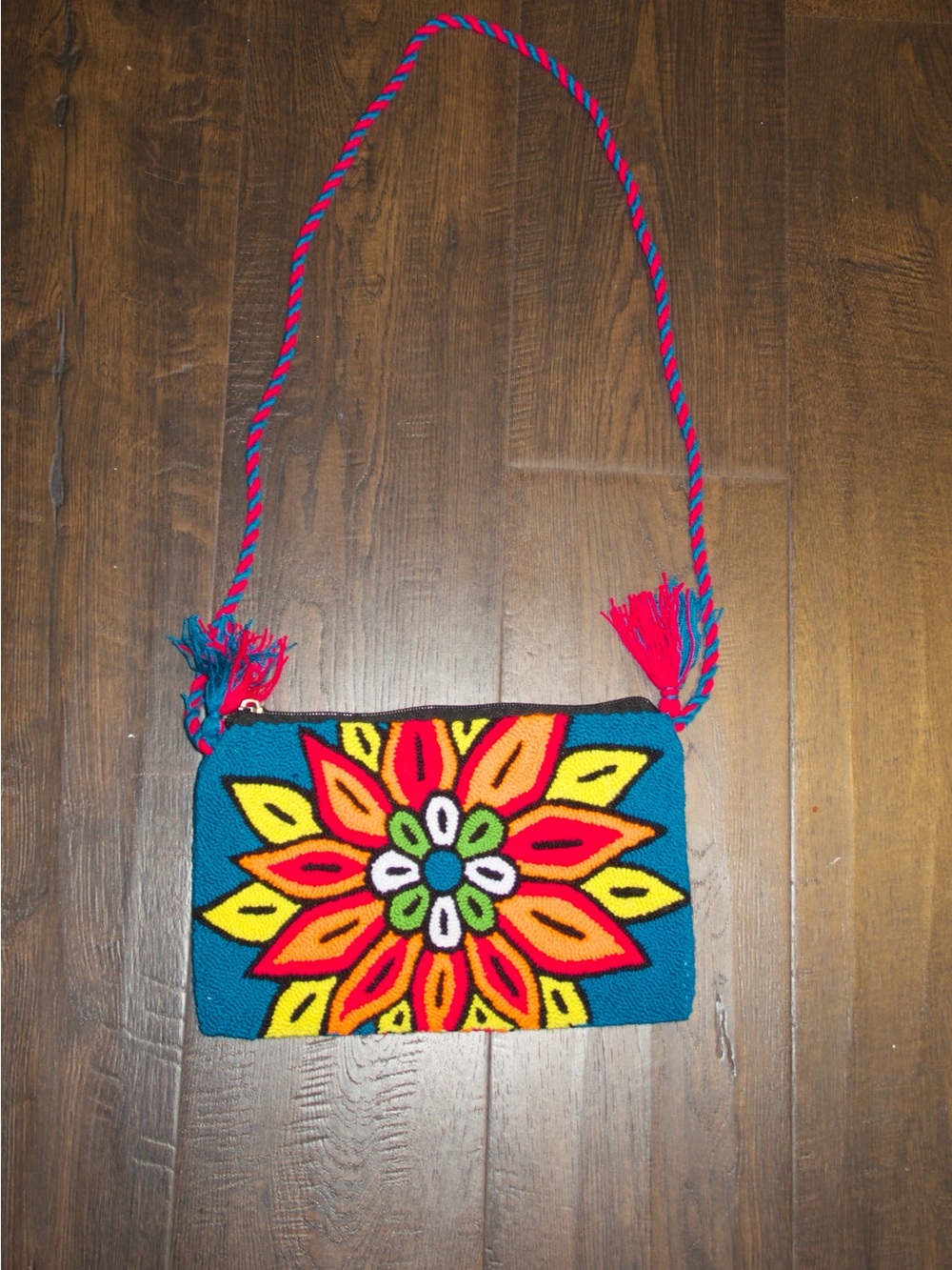 Handcrafted Teal Floral Crossbody Bag - Vibrant Multi-Color Design